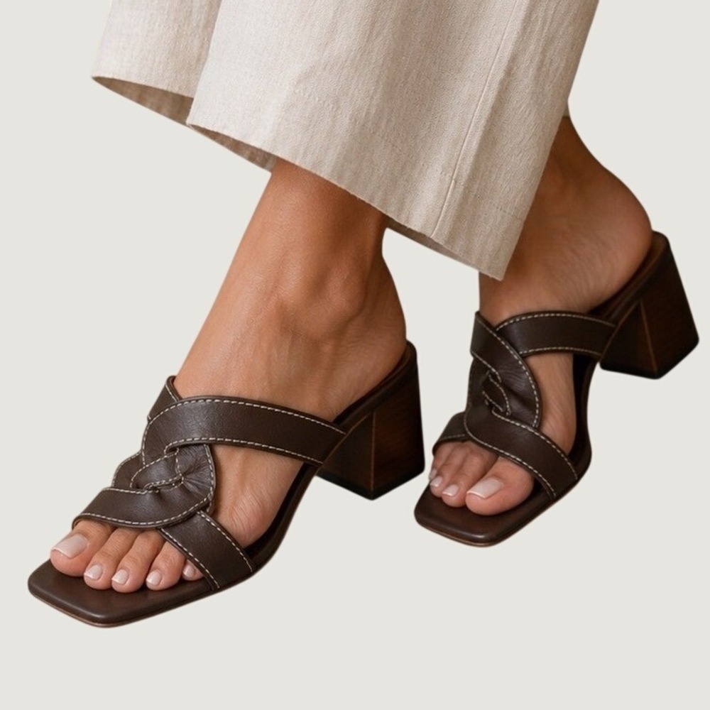 NWT‎ KAANAS Kos Heel Chocolate Leather Square Toe Slide block heel Sandal Size 9